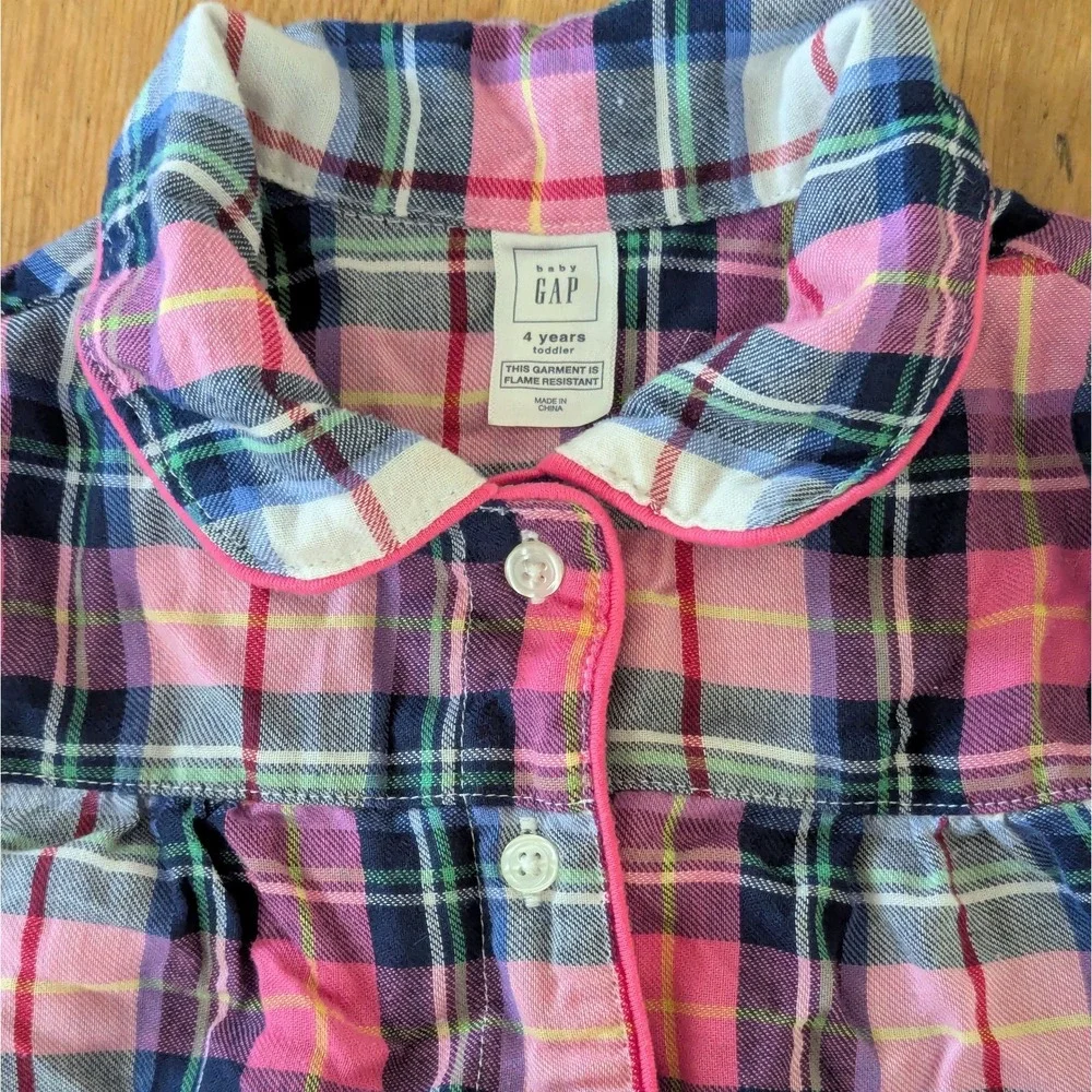 Baby Gap Flannel 2-piece Pajama Set Pink Blue Plaid Button Up Toddler PJs 4T